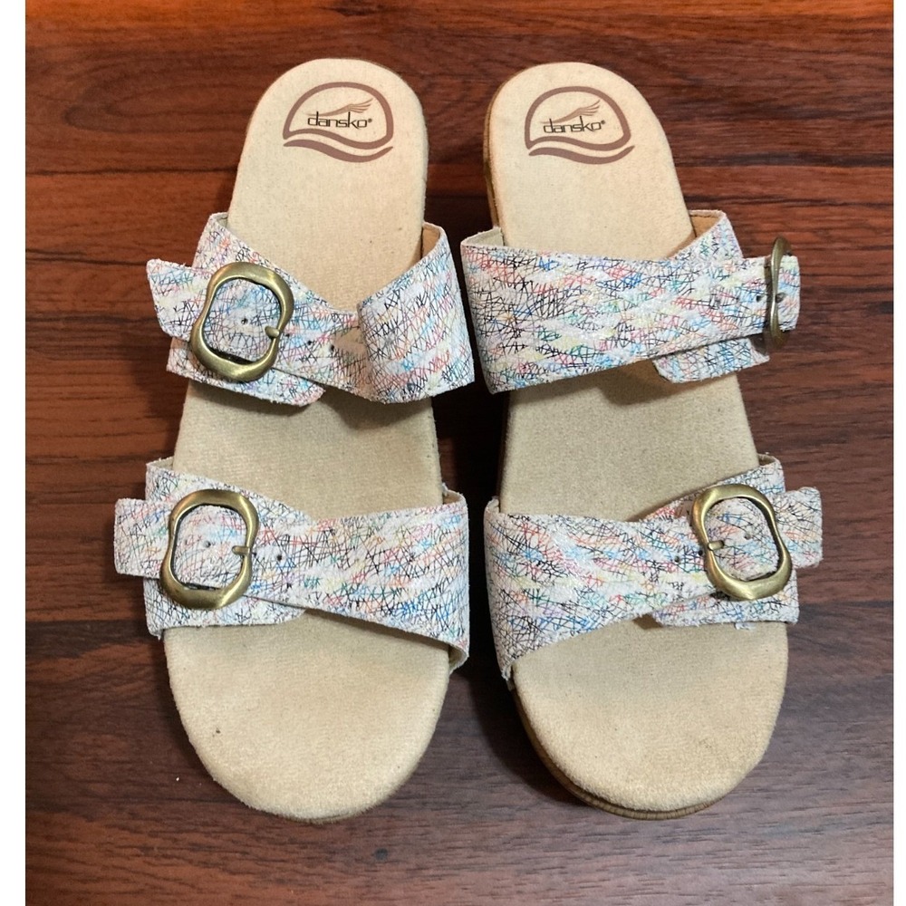 Dansko Wedge Sandals Womens 9.5 /40 Multi Color White Core Resort Boho 2" Heel